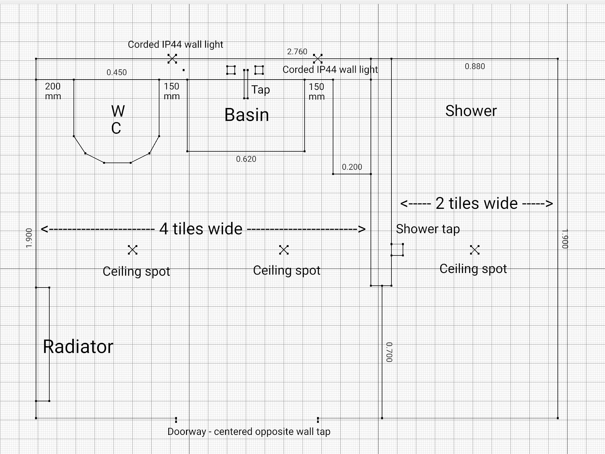 A scale drawing floorplan of a bathroom, created in SimpleDraw