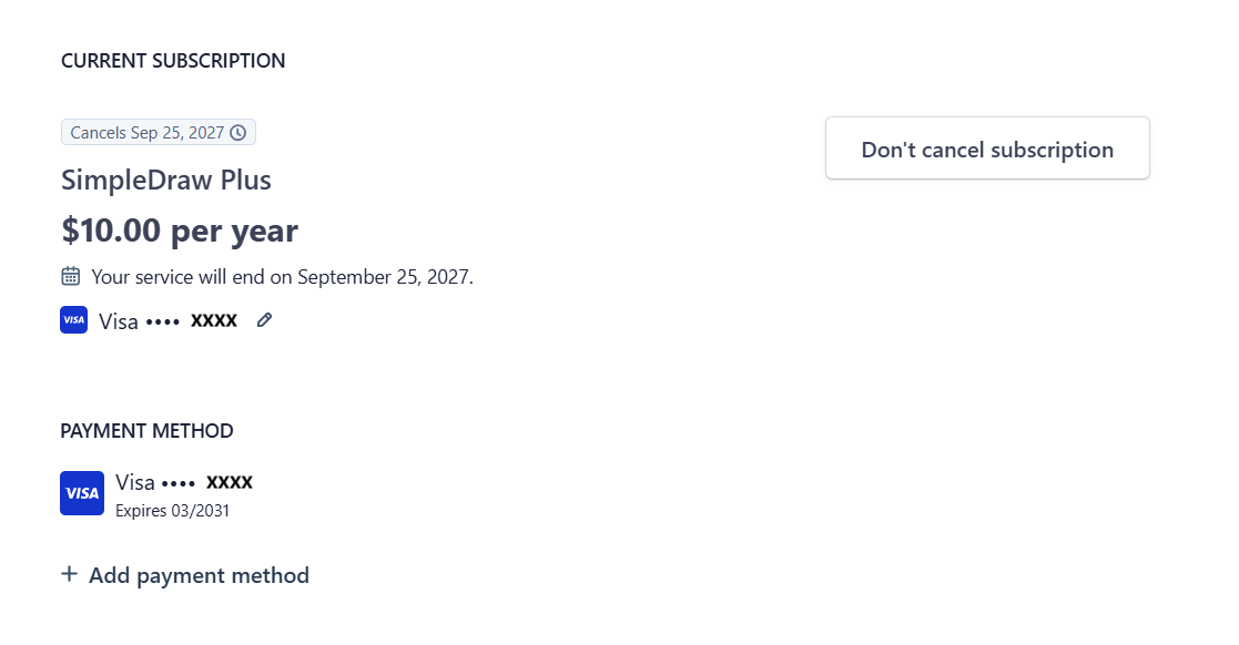 The Stripe billing page after canceling, showing 'Cancels Sep 25, 2027' and 'Your service will end on September 25, 2027.', both highlighted.