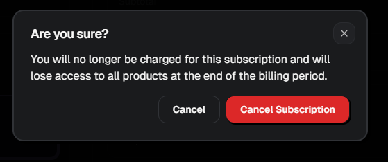 The Are you sure? box, with the red Cancel Subscription button highlighted.