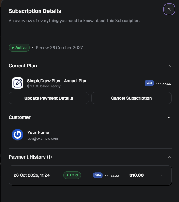 The Subscription Details panel, showing an active subscription that renews on 26 October 2027, with the Cancel Subscription button highlighted.