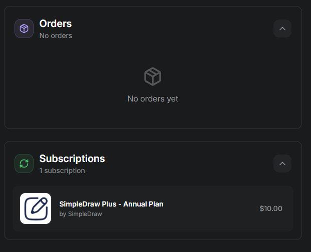The Creem billing page, with the SimpleDraw Plus subscription under Subscriptions highlighted.
