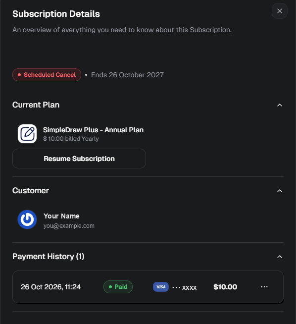 The Subscription Details panel after canceling, showing 'Scheduled Cancel' and 'Ends 26 October 2027', both highlighted.