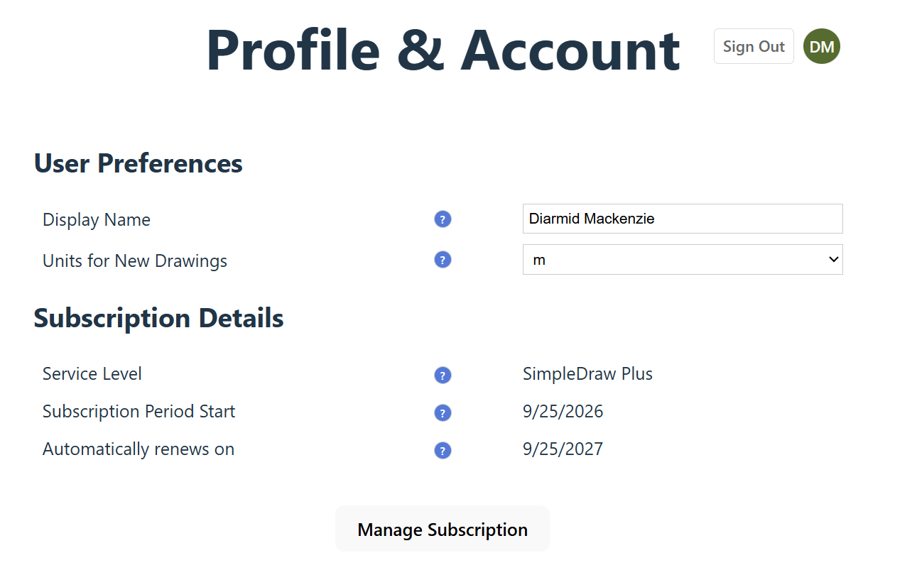The SimpleDraw Profile & Account page, with the renewal date and the Manage Subscription button highlighted.