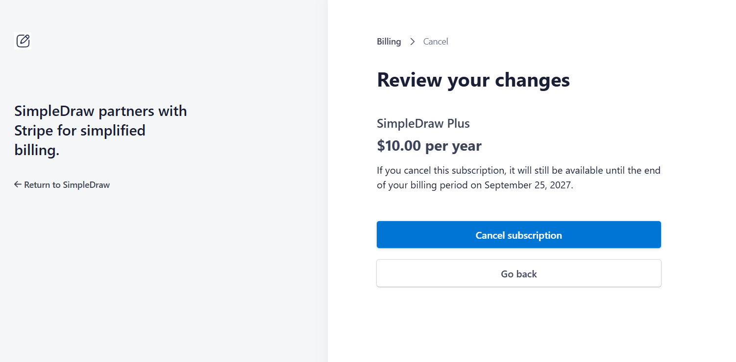 The Review your changes page, saying the subscription will still be available until the end of the billing period, with the Cancel subscription button highlighted.