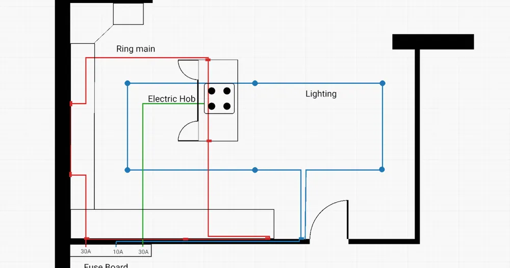 An electrical layout drawn over a floor plan in SimpleDraw, with coloured circuits and labelled fuse ratings