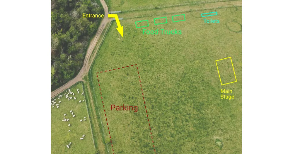 An event layout drawn over an aerial photo of a field in SimpleDraw, with marked parking, food trucks, toilets and a main stage