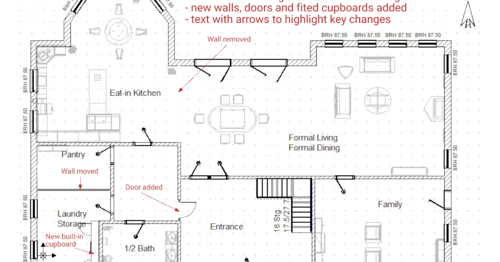 Proposed renovation changes drawn over an existing floor plan in SimpleDraw, with labelled walls, doors and cupboards