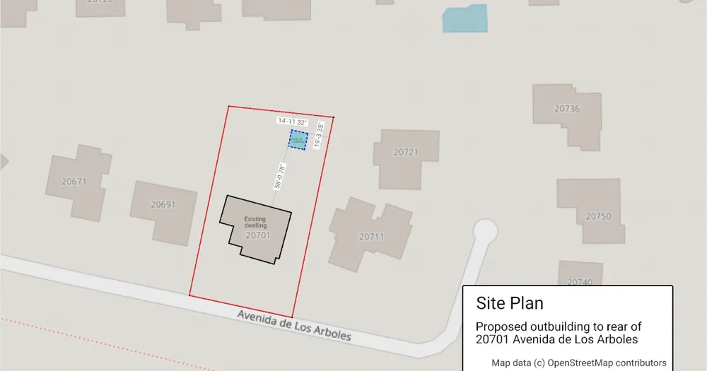 A proposed outbuilding drawn to scale over a site plan on an OpenStreetMap base in SimpleDraw