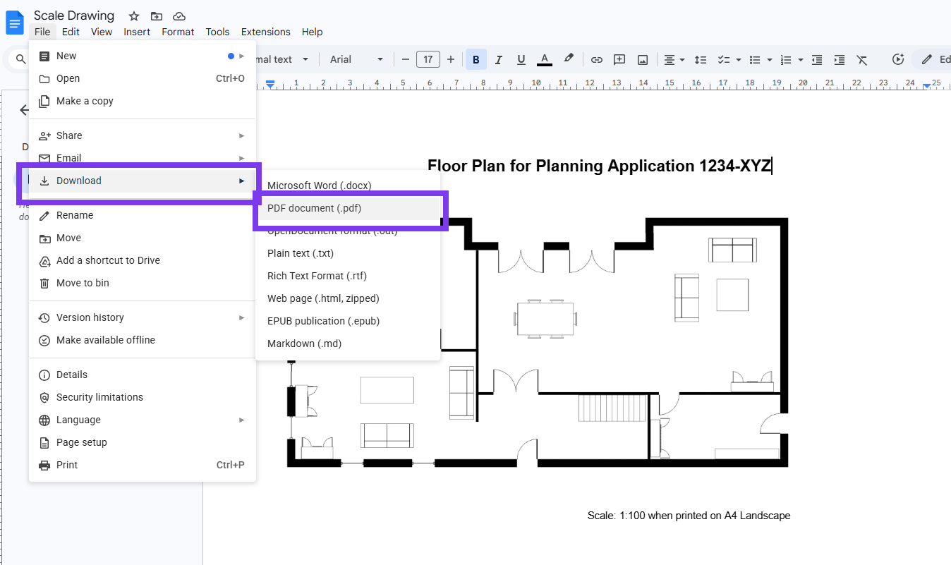 Downloading the Google Doc as a PDF using File > Download > PDF Document (.pdf)