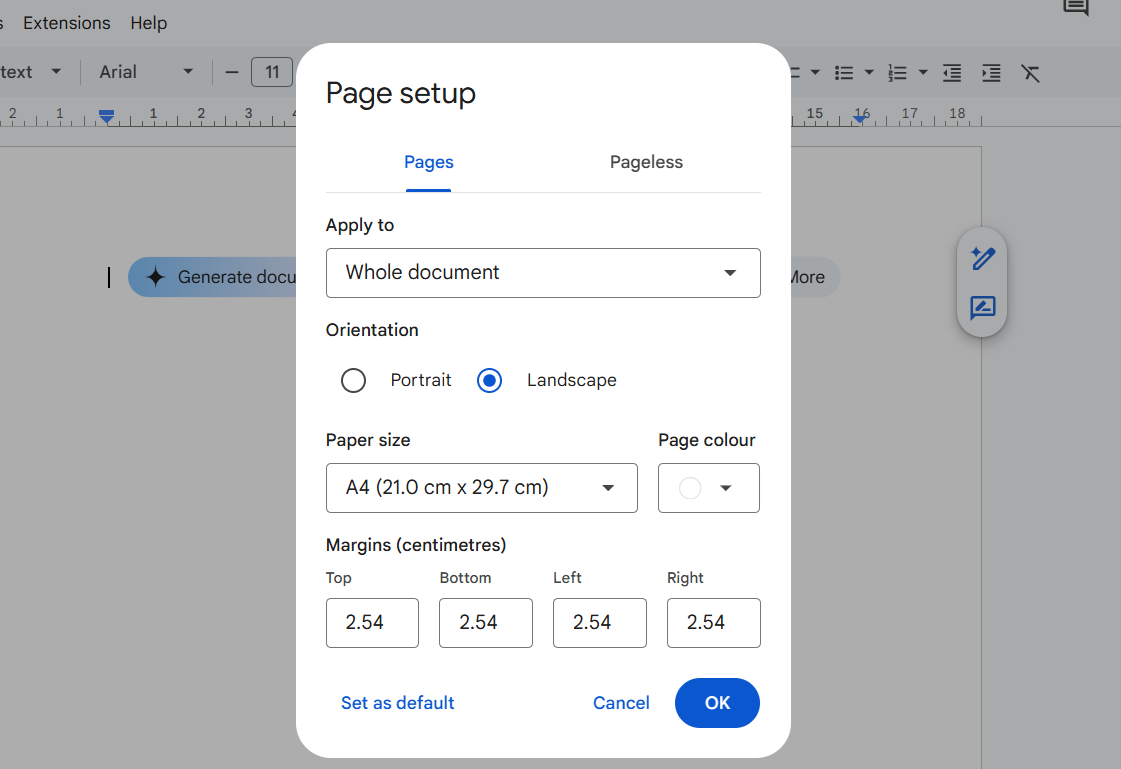 Setting the page size and orientation in Google Docs Page Setup