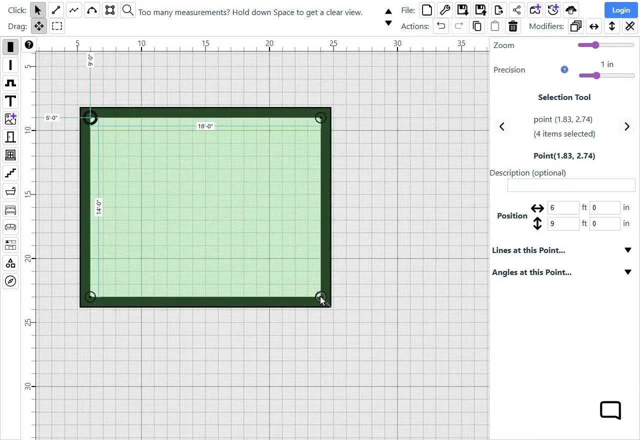Drawing an 18 by 14 foot rectangle with the Rectangle tool and External Wall