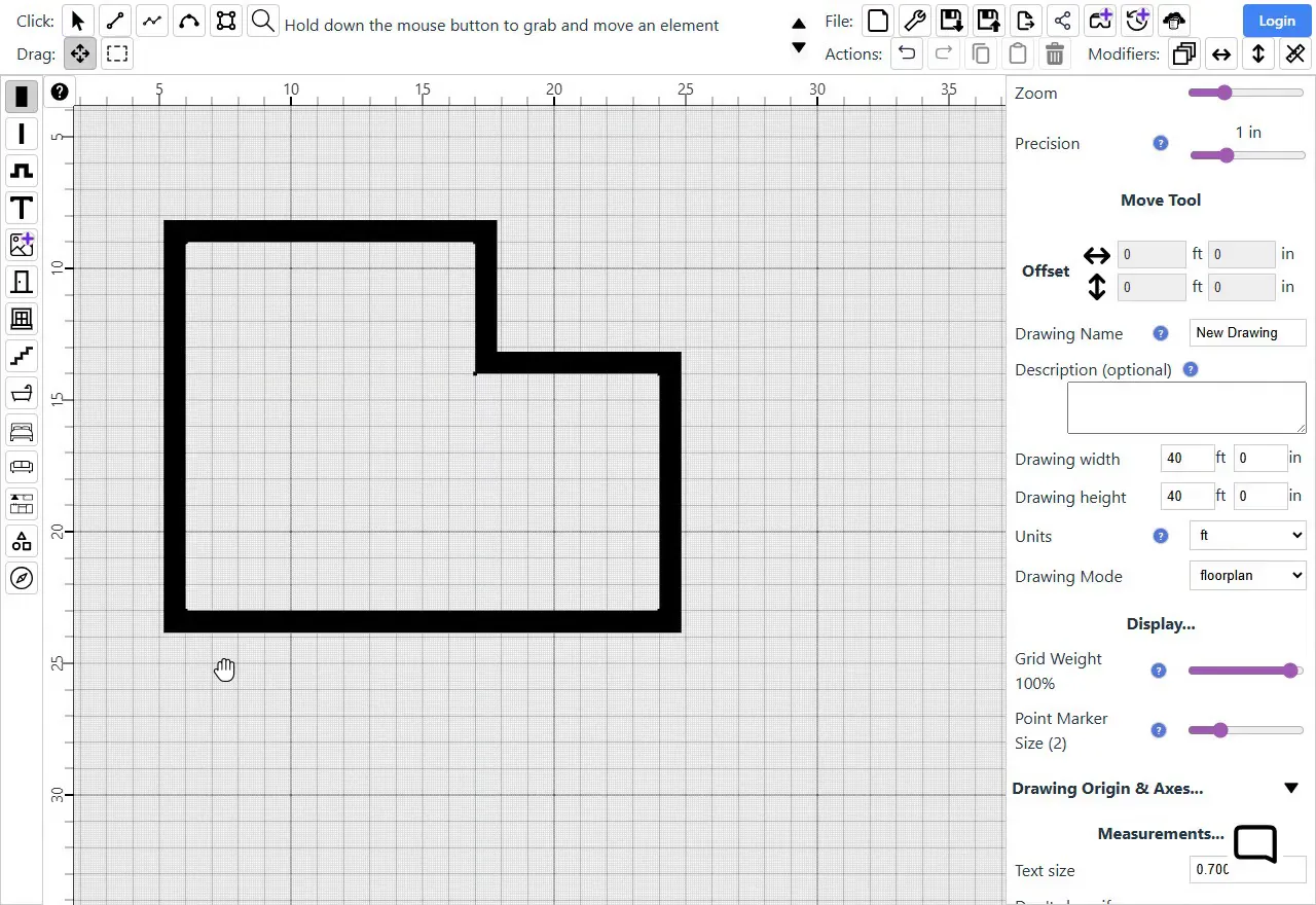 The finished L-shaped room, with two new walls drawn from the end of the top wall to the end of the right wall