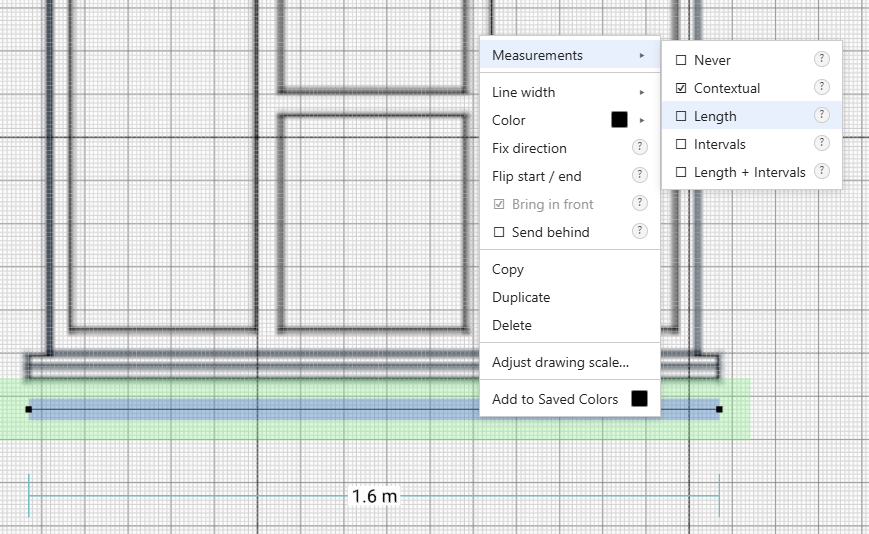 The Measurements submenu in SimpleDraw's right-click menu, showing the Never, Contextual, Length, Intervals and Length plus Intervals options