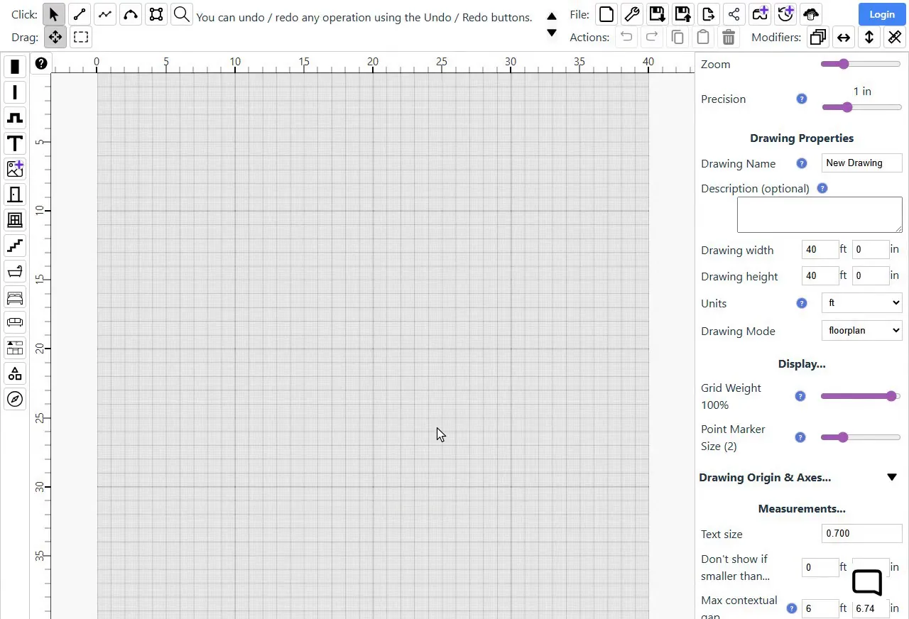 Choosing Floor Plan in SimpleDraw, then showing the Change drawing units menu with ft ticked