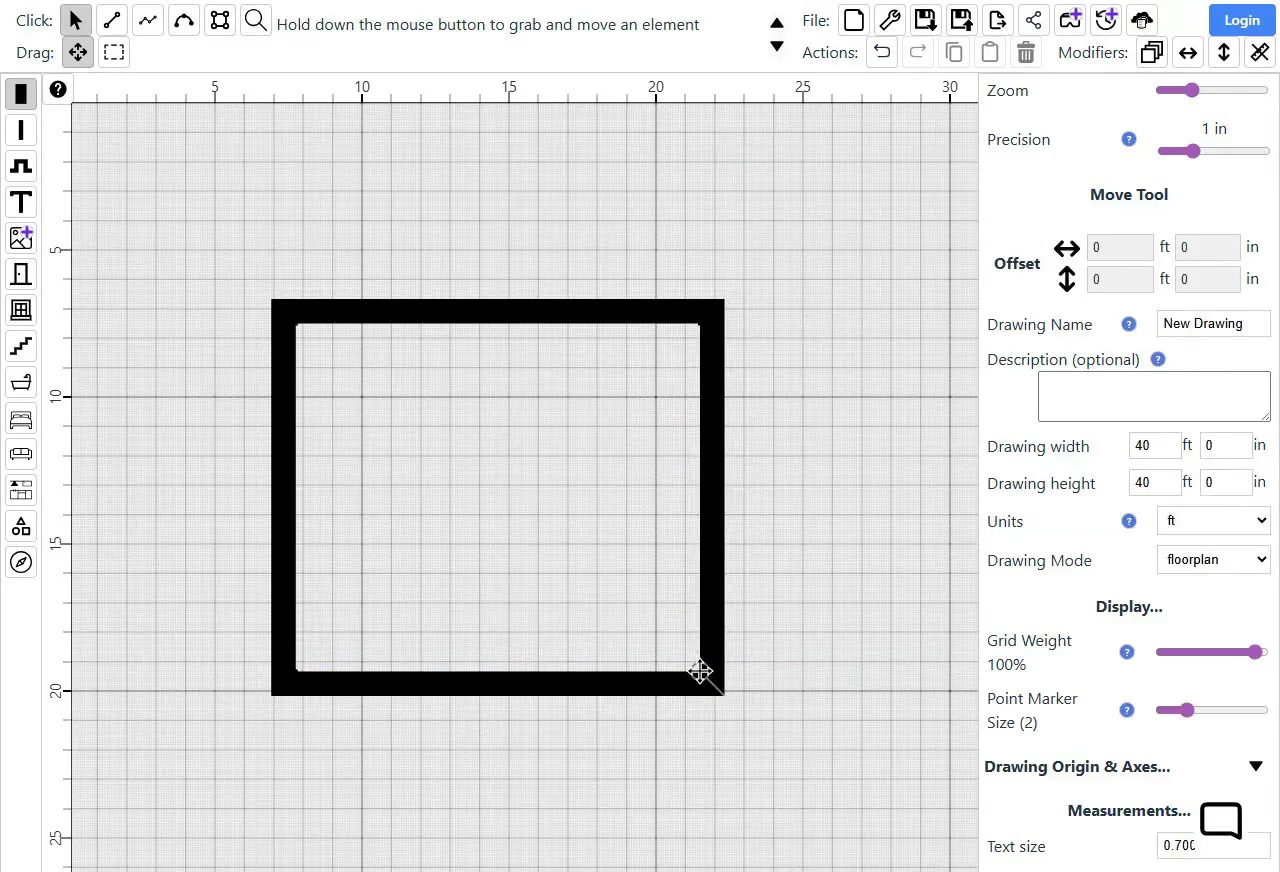Drawing a rectangular room with the Rectangle tool and External Wall a foot too wide, then dragging its corner back to 13 feet 9 inches by 11 feet 10 inches