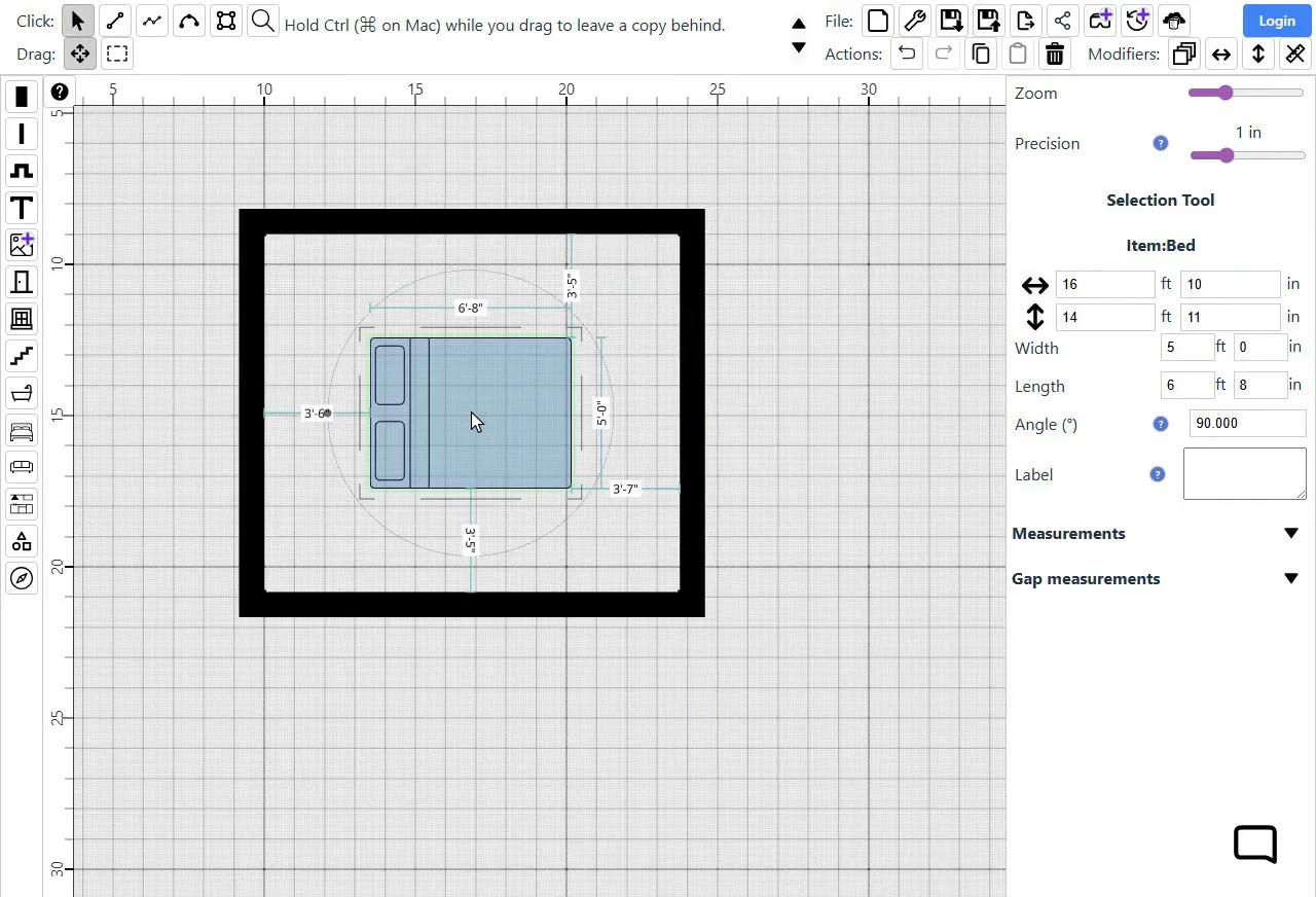 The SimpleDraw editor: the toolbar along the top, the items toolbar on the left, the canvas with a room and a bed, and the Properties panel on the right