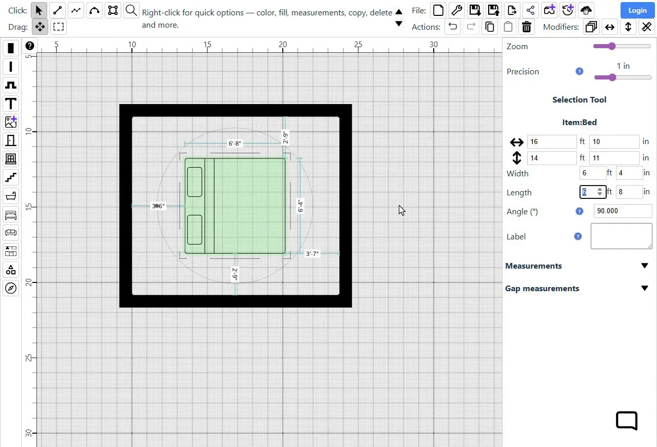 Right-clicking the bed for a short menu and a wall for a longer one, then selecting the bed and typing a width of 6 feet 4 inches in the Properties panel