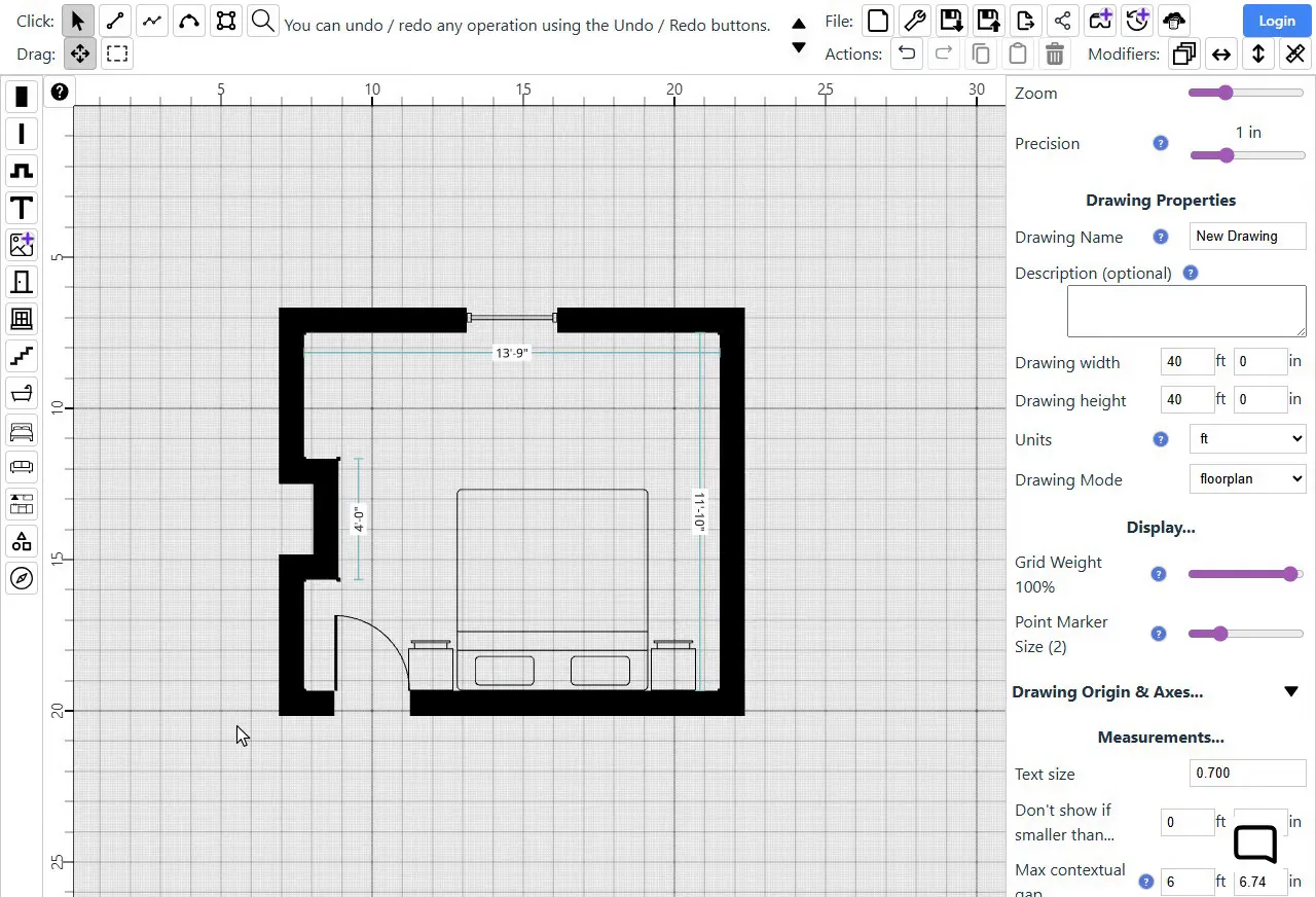 Right-clicking walls and choosing Internal Measurements, then Length, so the room's lengths stay on the plan