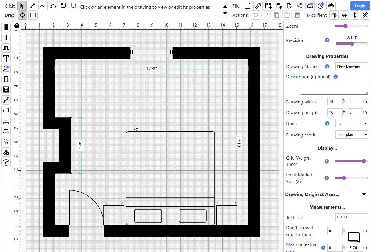 Selecting the whole room, moving it to the middle of the drawing, and setting the drawing to 18 ft by 16 ft