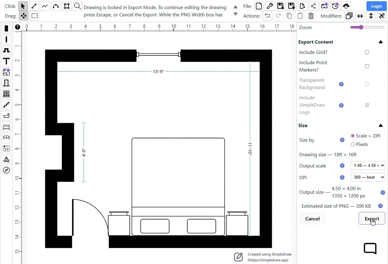 The export preview in SimpleDraw with Output scale 1:48: the finished room with its measurements and a small SimpleDraw logo