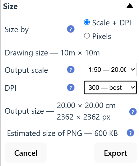 The Size section of the export panel